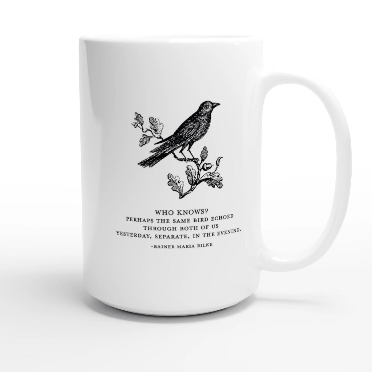 Literary coffee mug with Rilke quote
Vintage bird illustration ceramic mug