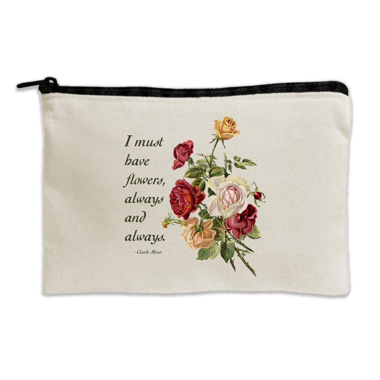 I Must Have Flowers Literary Cotton Canvas Zipper Pouch