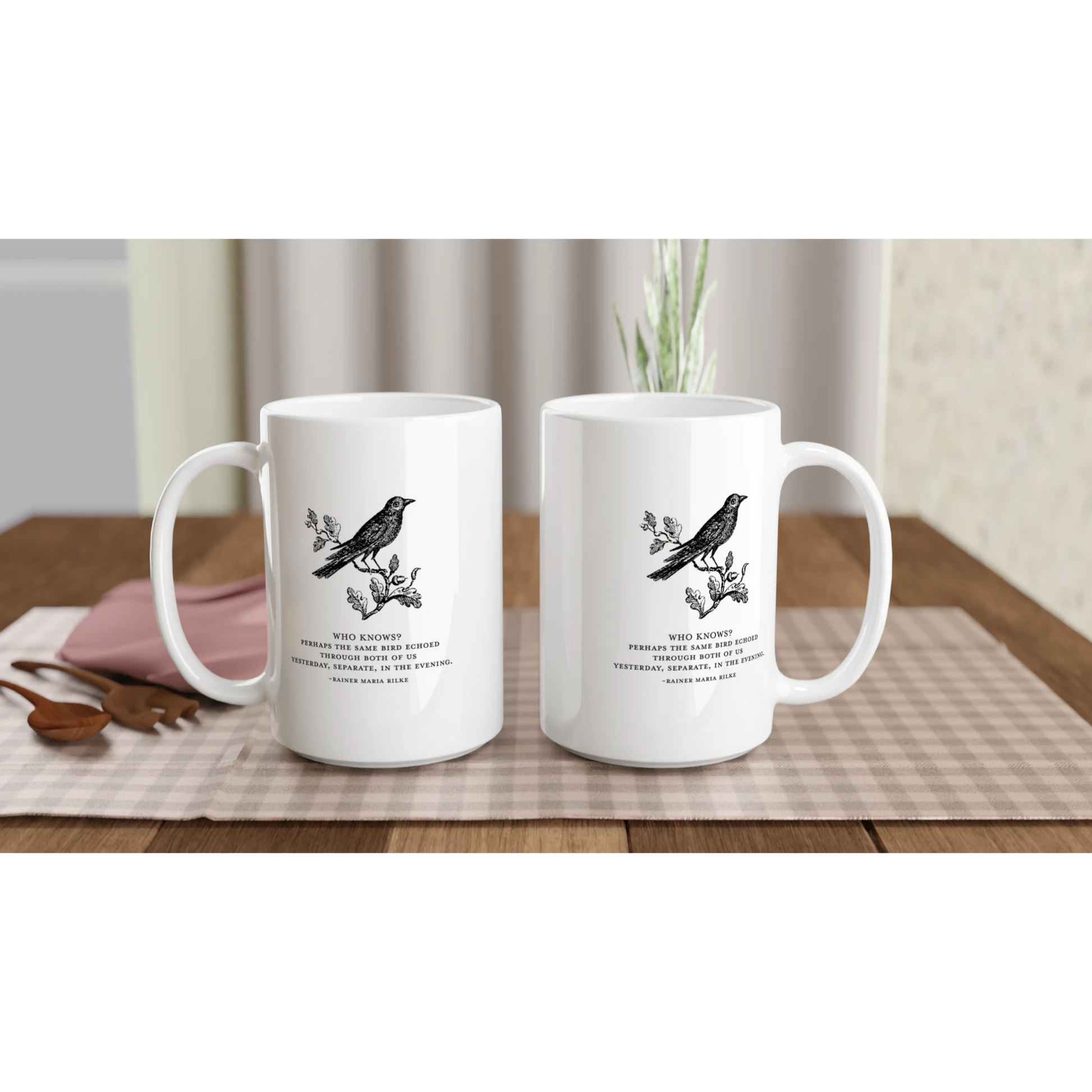 Literary coffee mug with Rilke quote
Vintage bird illustration ceramic mug