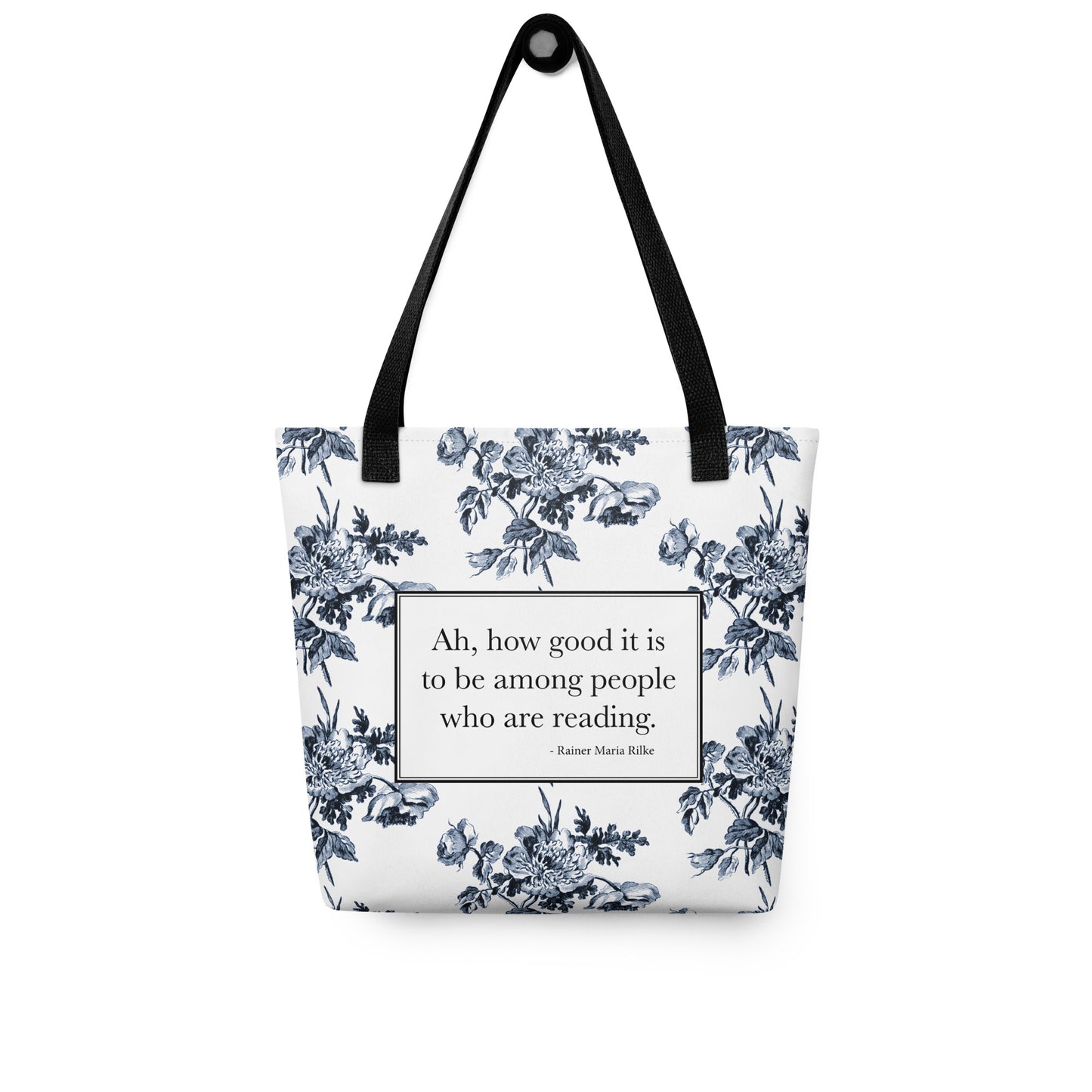 White tote bag with Rilke quote ‘Ah how good it is to be among people who are reading’ and toile print on the bottom
