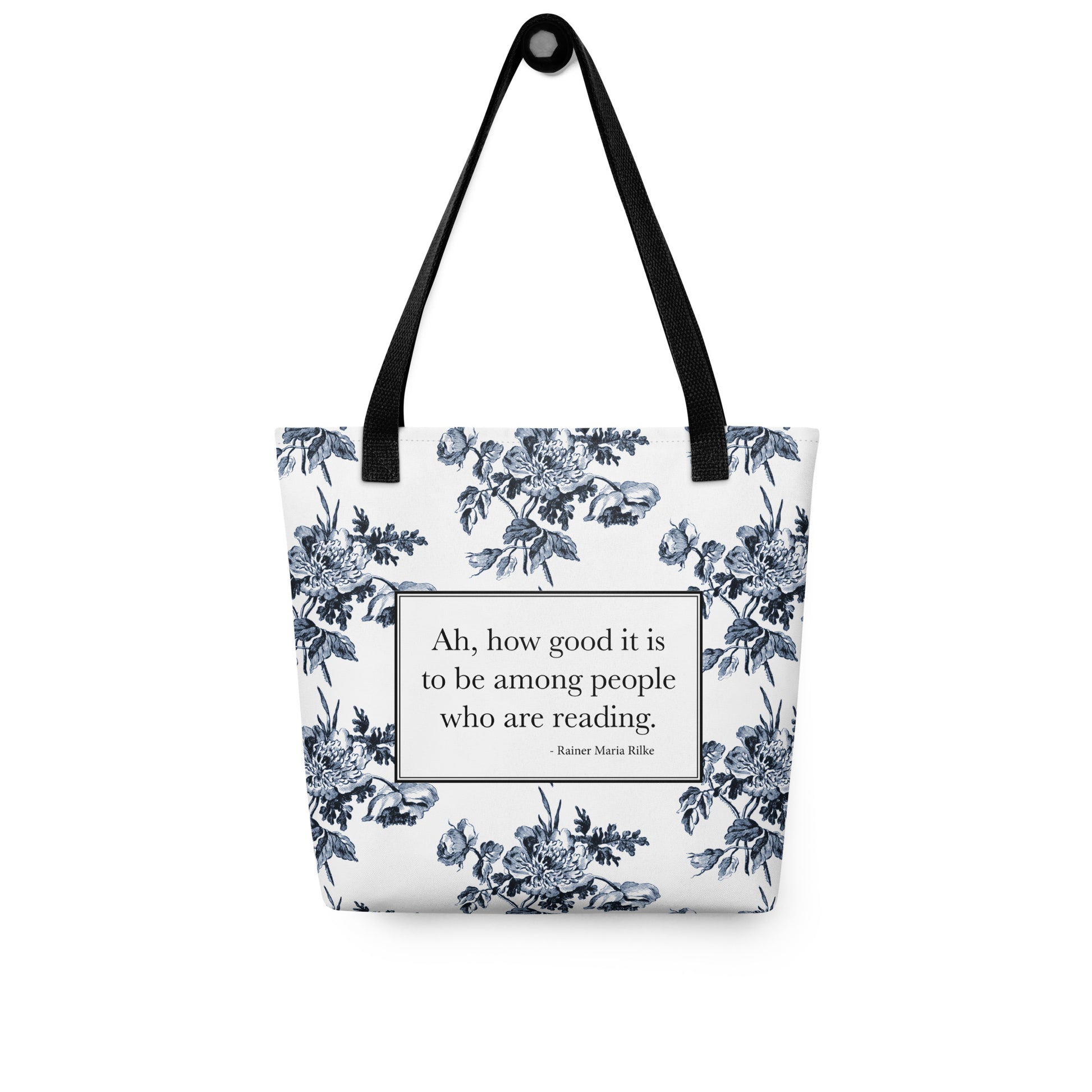 White tote bag with Rilke quote ‘Ah how good it is to be among people who are reading’ and toile print on the bottom