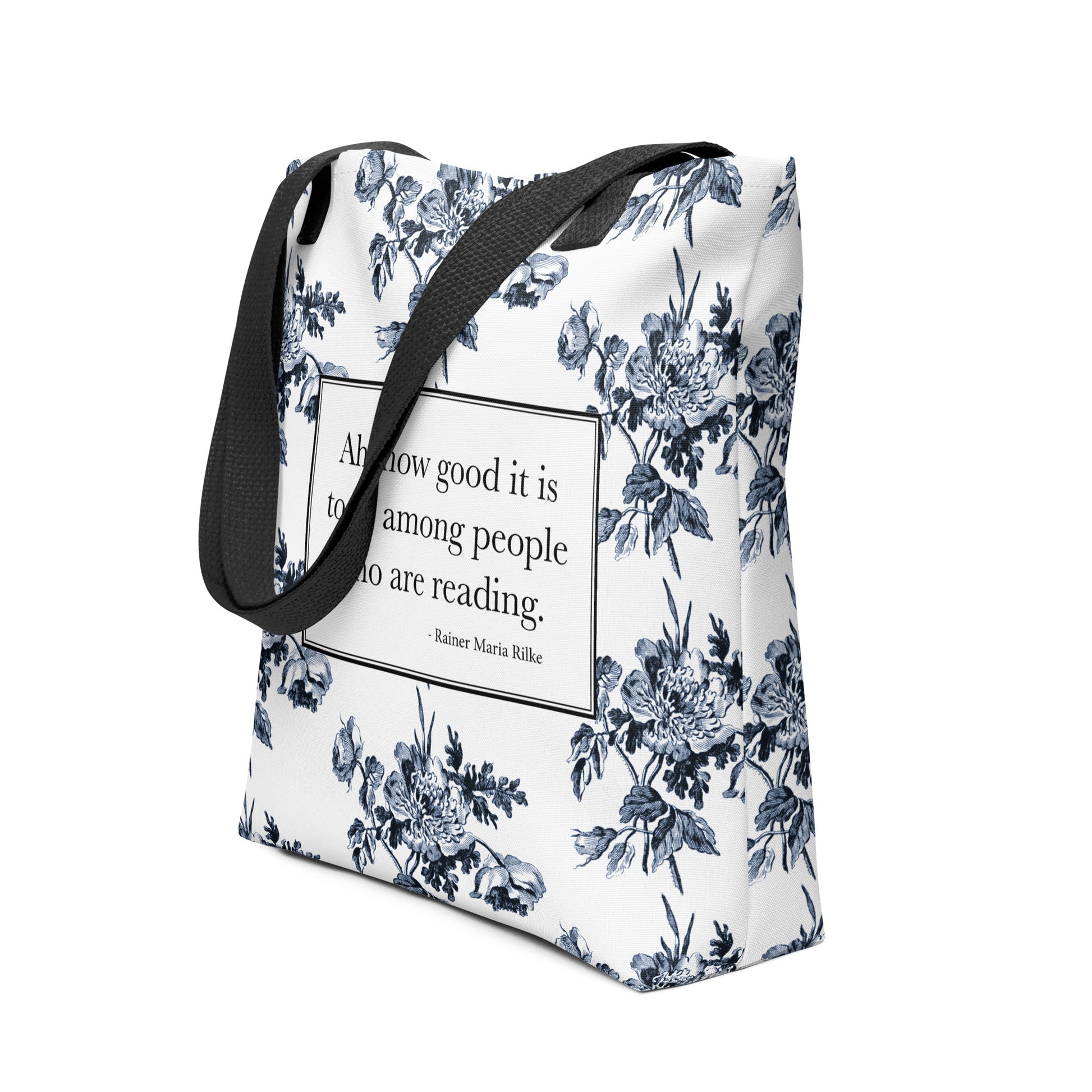White tote bag with Rilke quote ‘Ah how good it is to be among people who are reading’ and toile print on the bottom