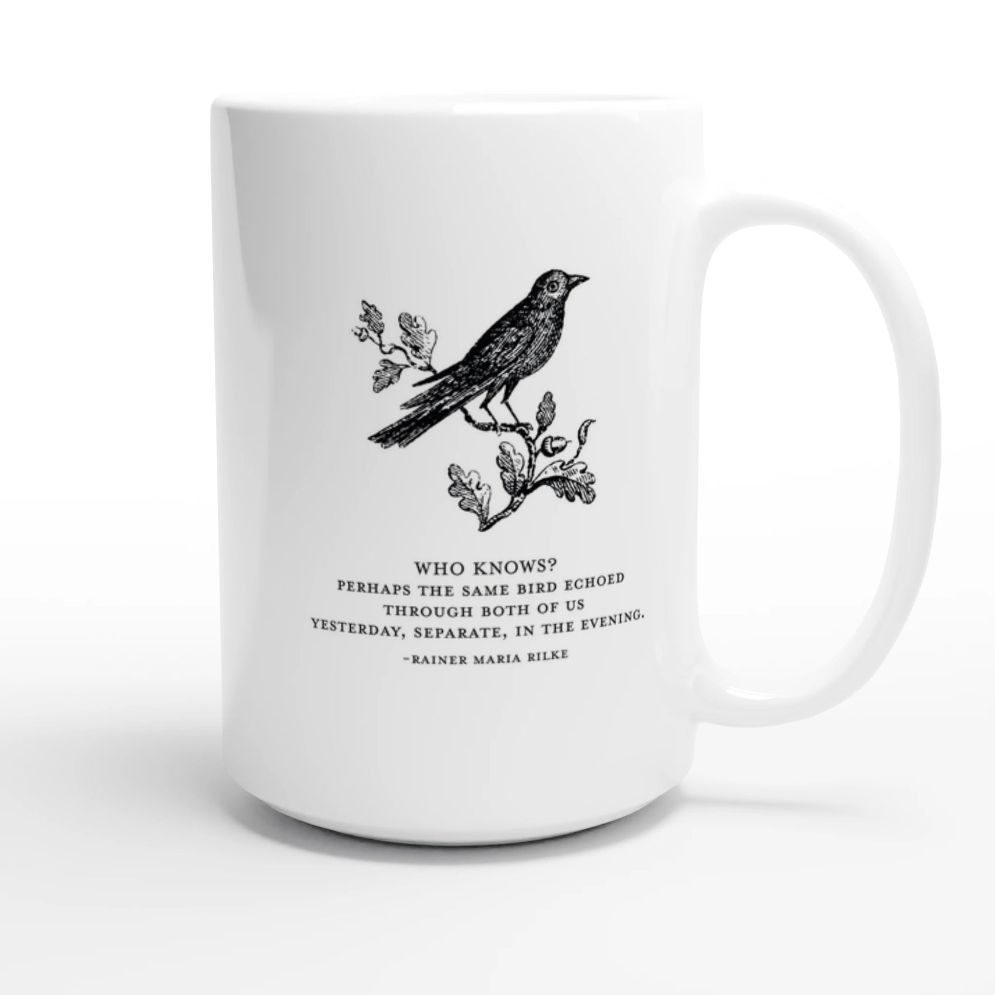 Literary coffee mug with Rilke quote
Vintage bird illustration ceramic mug