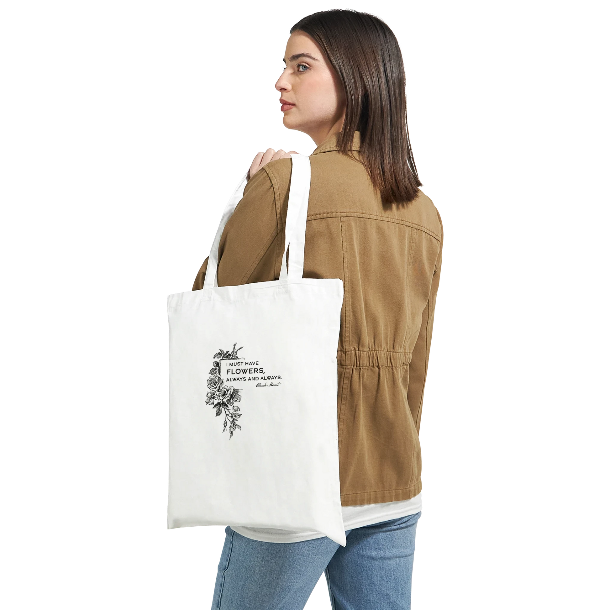 White tote bag with Claude Monet quote ‘I must have flowers, always and always’ and vintage floral illustration