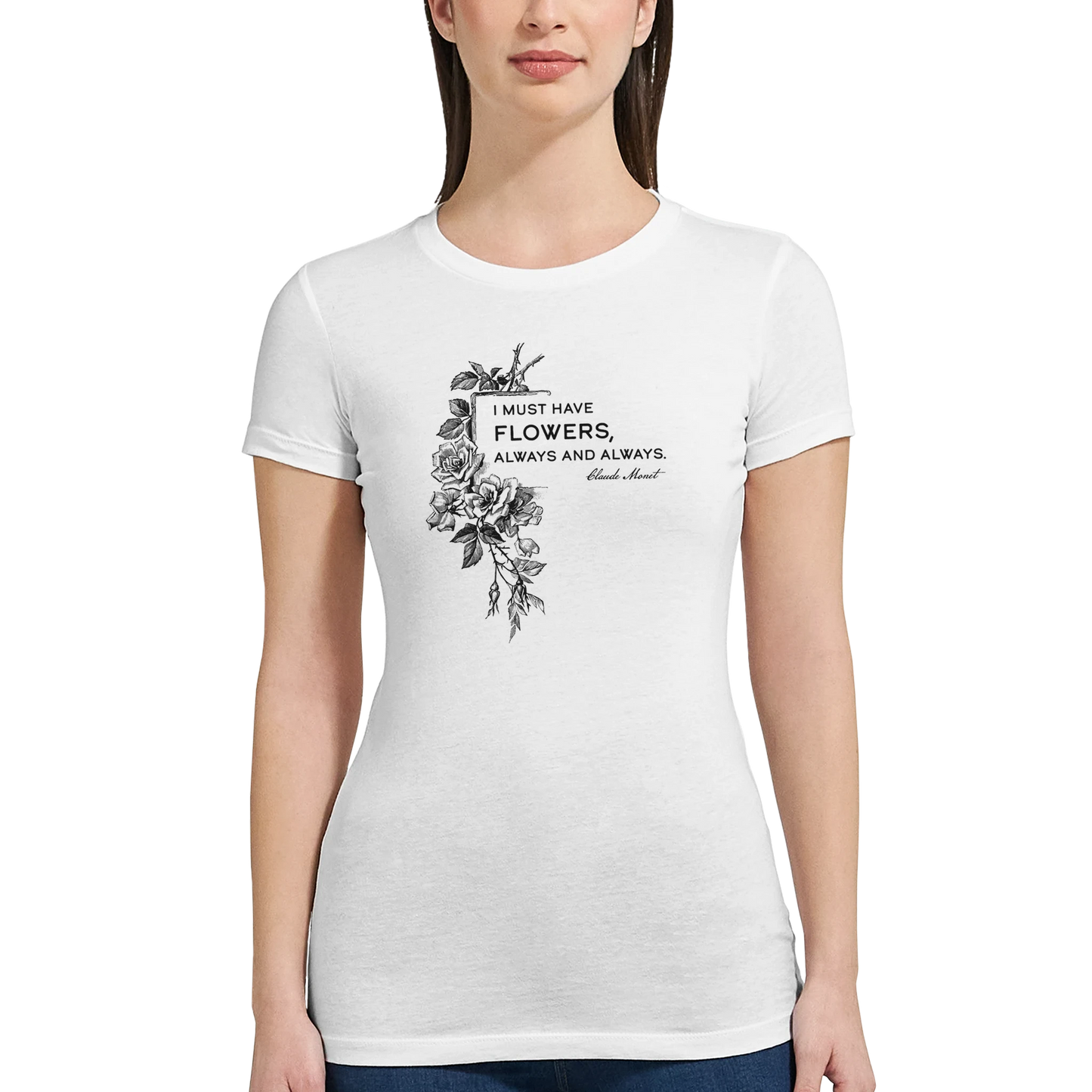 Women’s Bella + Canvas T-shirt with Claude Monet quote ‘I must have flowers, always and always’ and vintage floral artwork