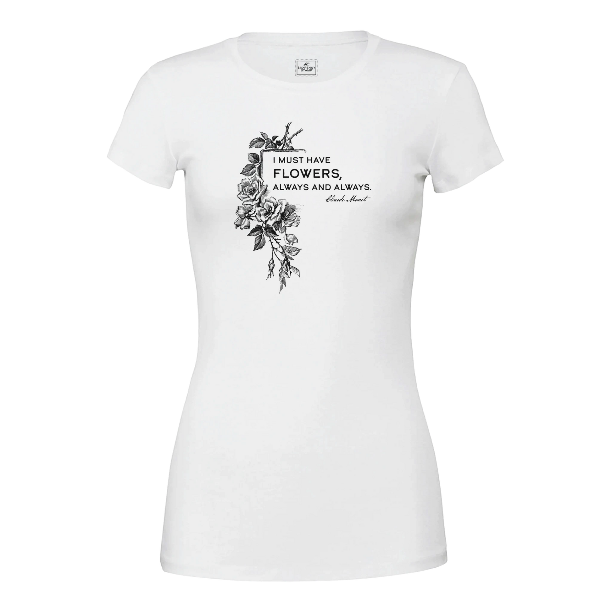 Women’s Bella + Canvas T-shirt with Claude Monet quote ‘I must have flowers, always and always’ and vintage floral artwork