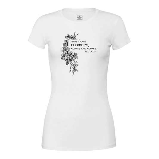 Women’s Bella + Canvas T-shirt with Claude Monet quote ‘I must have flowers, always and always’ and vintage floral artwork