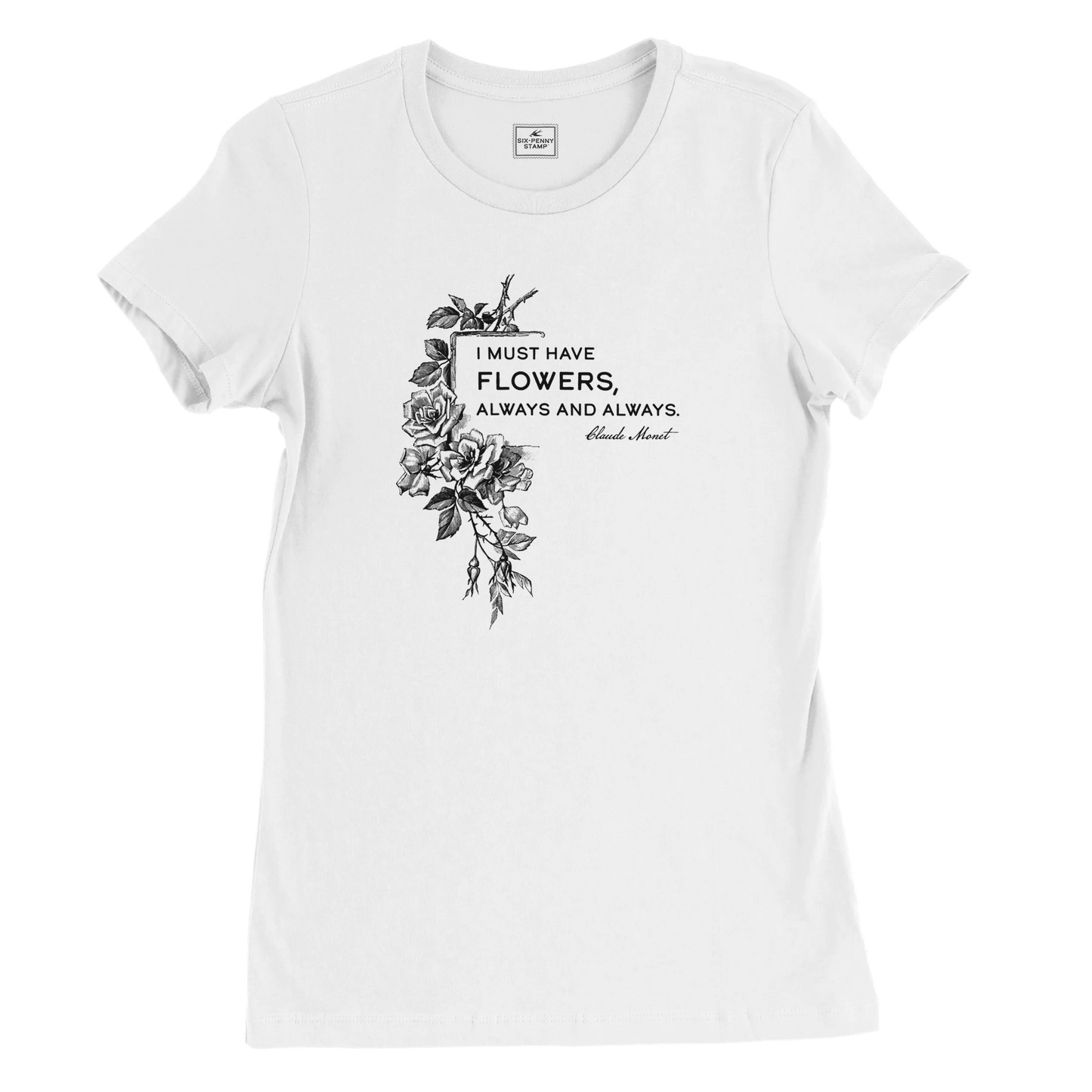 Women’s Bella + Canvas T-shirt with Claude Monet quote ‘I must have flowers, always and always’ and vintage floral artwork