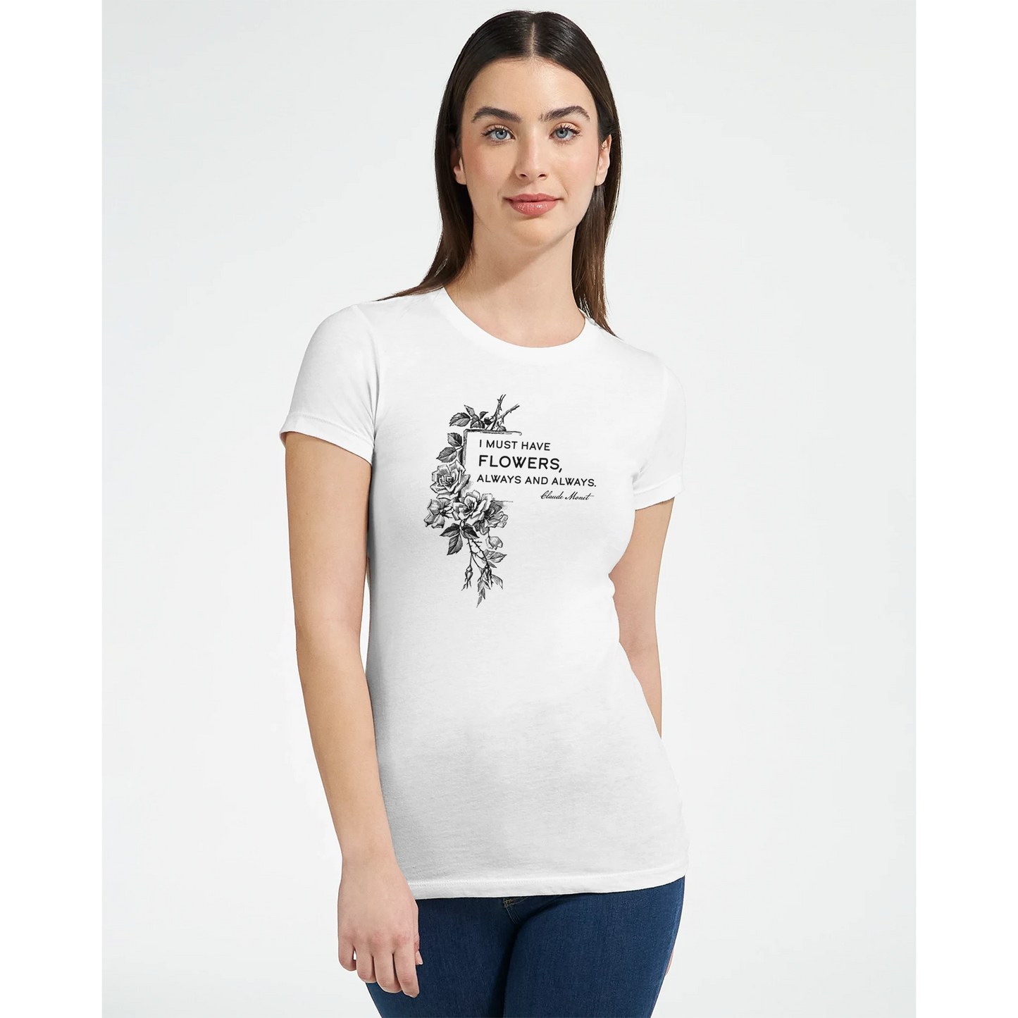 Women’s Bella + Canvas T-shirt with Claude Monet quote ‘I must have flowers, always and always’ and vintage floral artwork