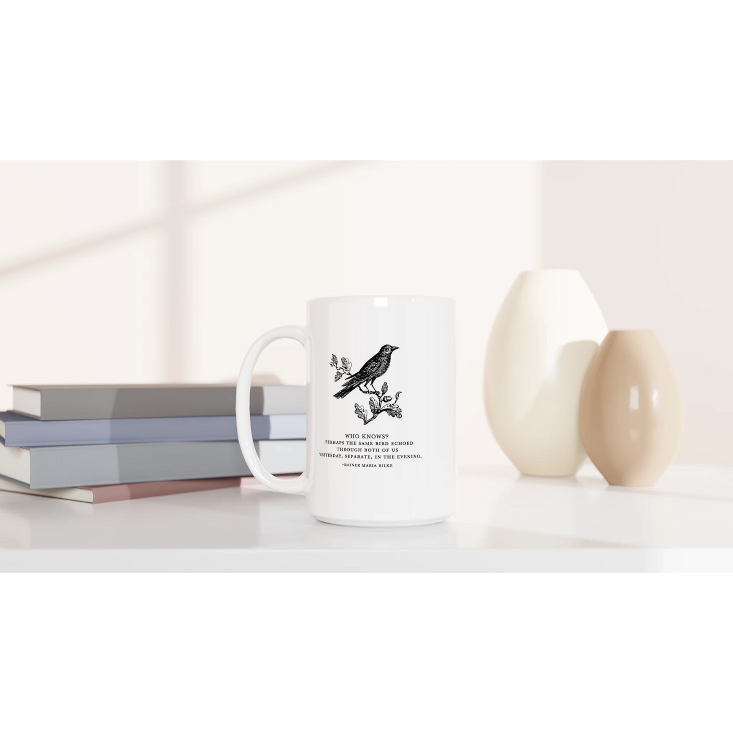 Literary coffee mug with Rilke quote
Vintage bird illustration ceramic mug