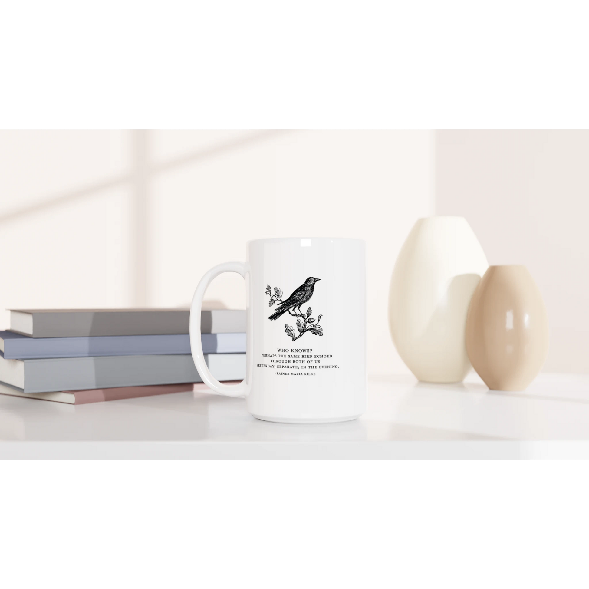 Literary coffee mug with Rilke quote
Vintage bird illustration ceramic mug