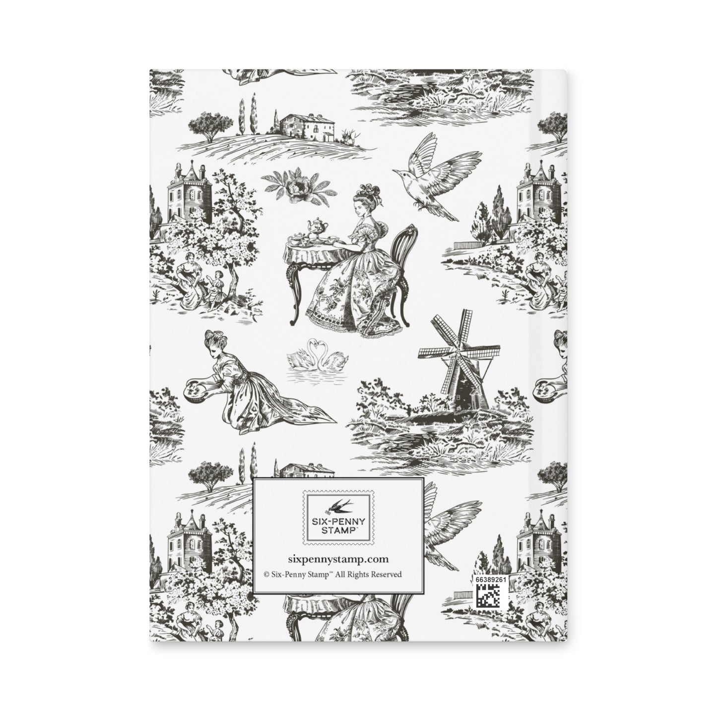 Back of hardcover journal featuring black-and-white French toile pattern with Six-Penny Stamp logo