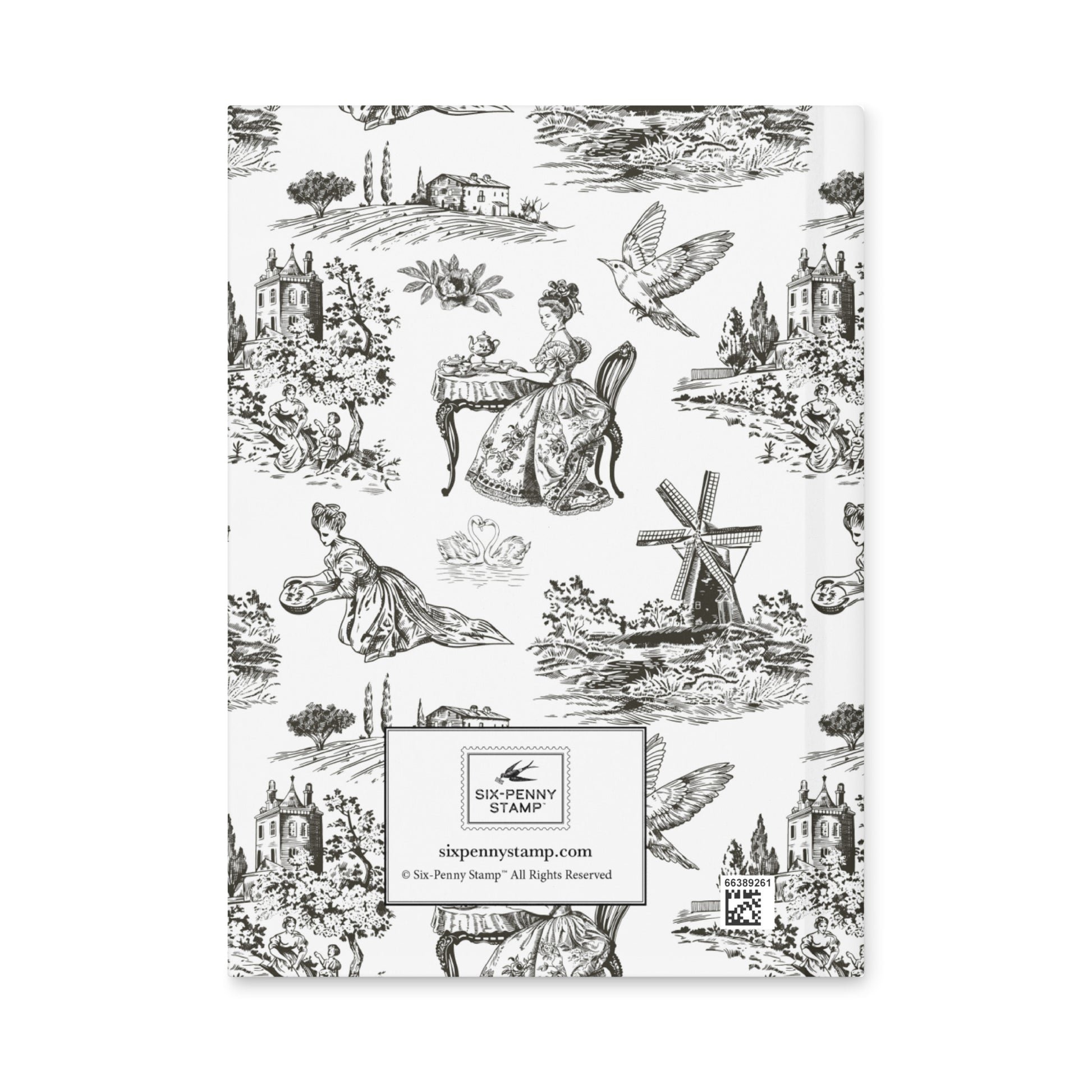 Back of hardcover journal featuring black-and-white French toile pattern with Six-Penny Stamp logo