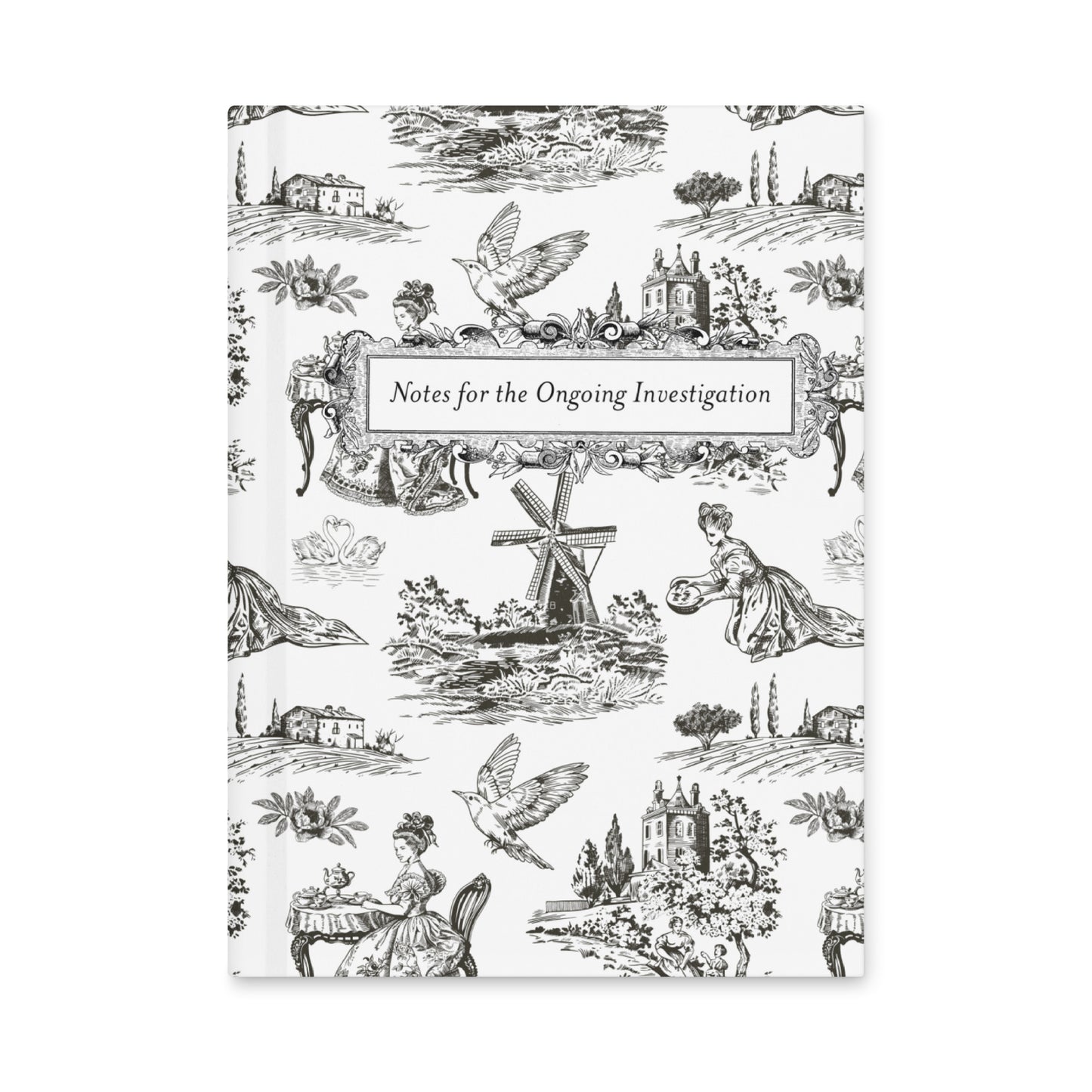 Hardcover journal with black-and-white French toile pattern and framed title “Notes for the Ongoing Investigation”