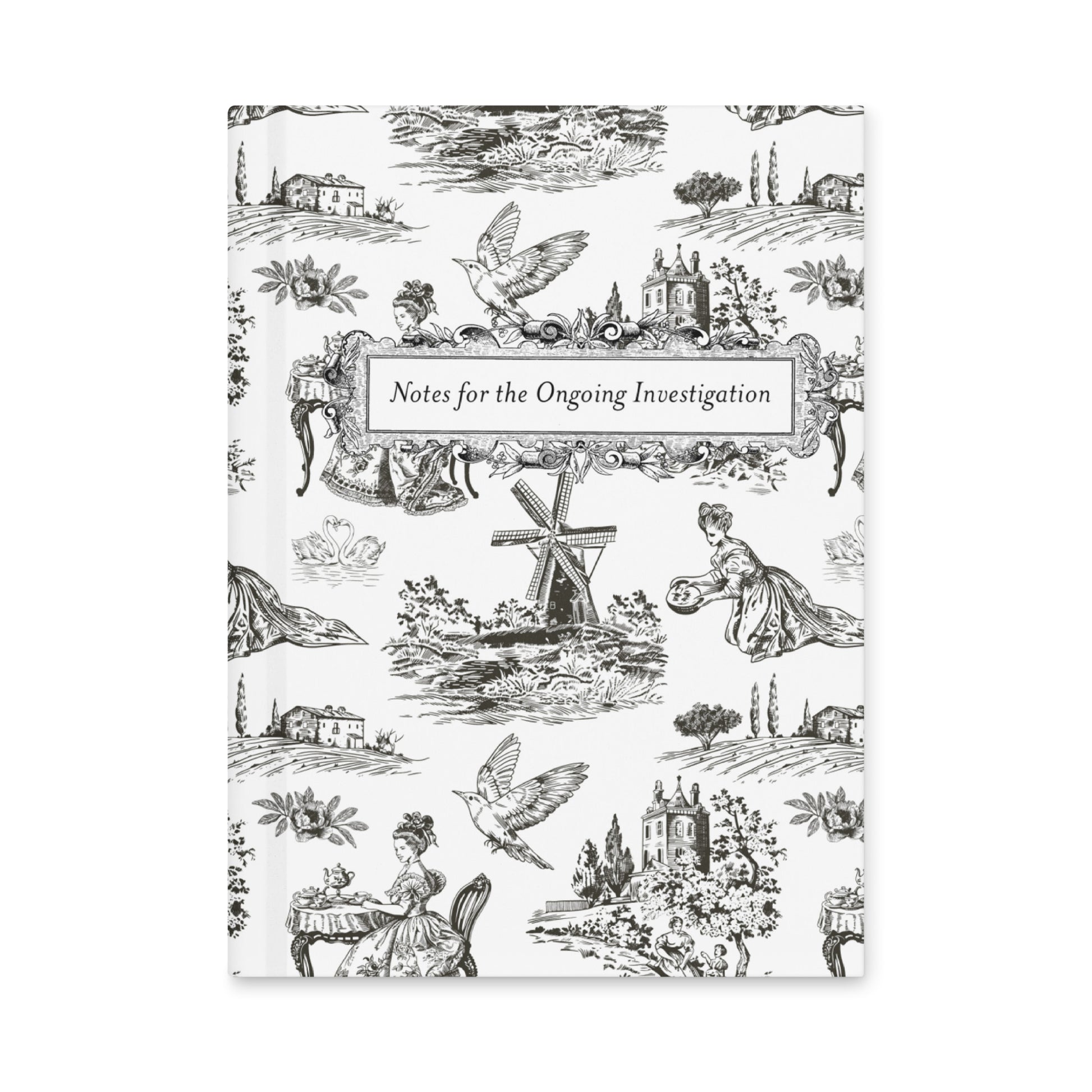 Hardcover journal with black-and-white French toile pattern and framed title “Notes for the Ongoing Investigation”