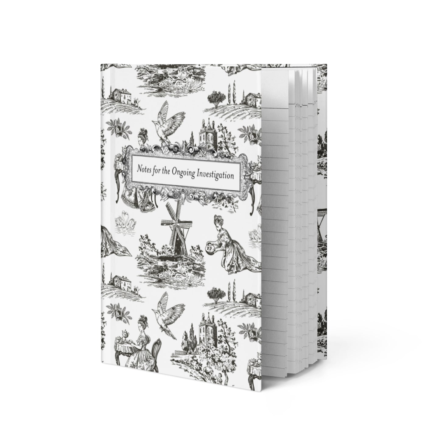 Hardcover journal with black-and-white French toile pattern and framed title “Notes for the Ongoing Investigation”