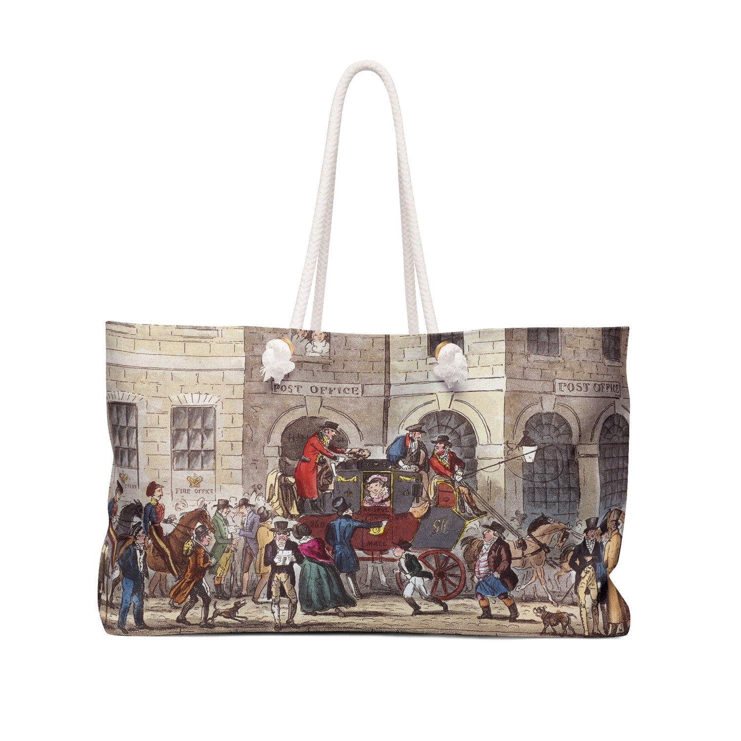 A tote bag featuring a detailed vintage illustration of a historical post office scene with people, horses, and carriages. The bag has a beige stone-textured background, white rope handles, and small white decorative tassels at the top of the handles.