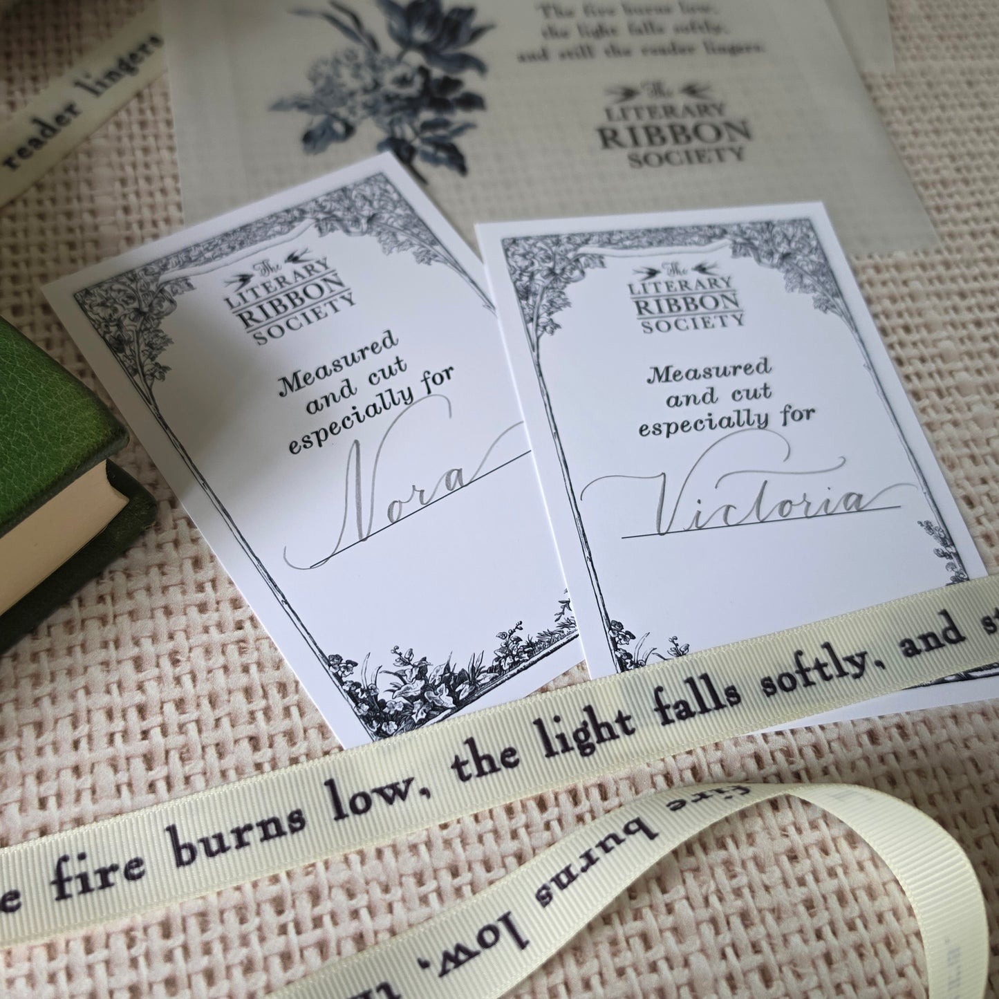 Personalized Literary Ribbon Society cards handwritten in calligraphy
