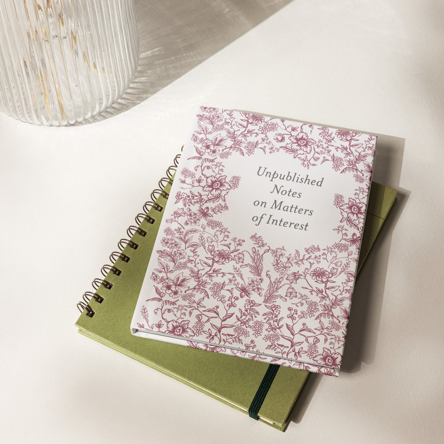 Hardcover journal with burgundy French toile floral pattern and centered title “Unpublished Notes on Matters of Interest”
