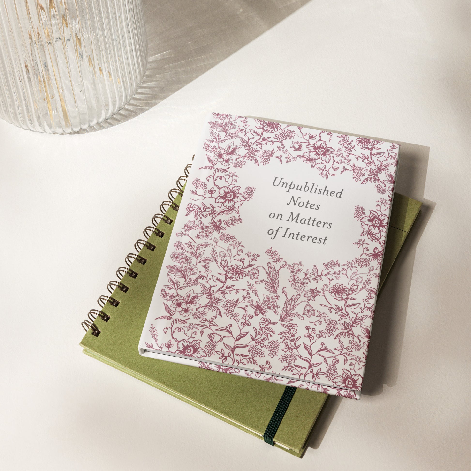 Hardcover journal with burgundy French toile floral pattern and centered title “Unpublished Notes on Matters of Interest”