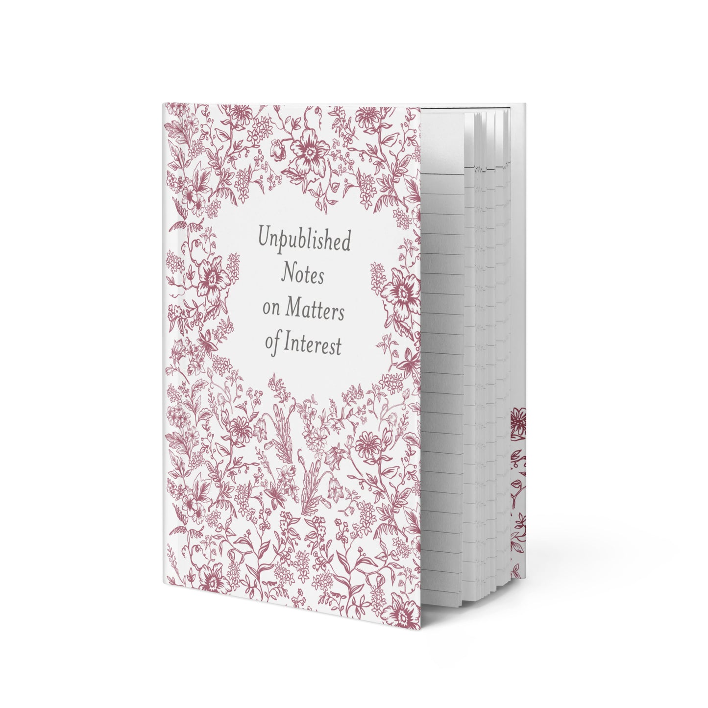 Hardcover journal with burgundy French toile floral pattern and centered title “Unpublished Notes on Matters of Interest”