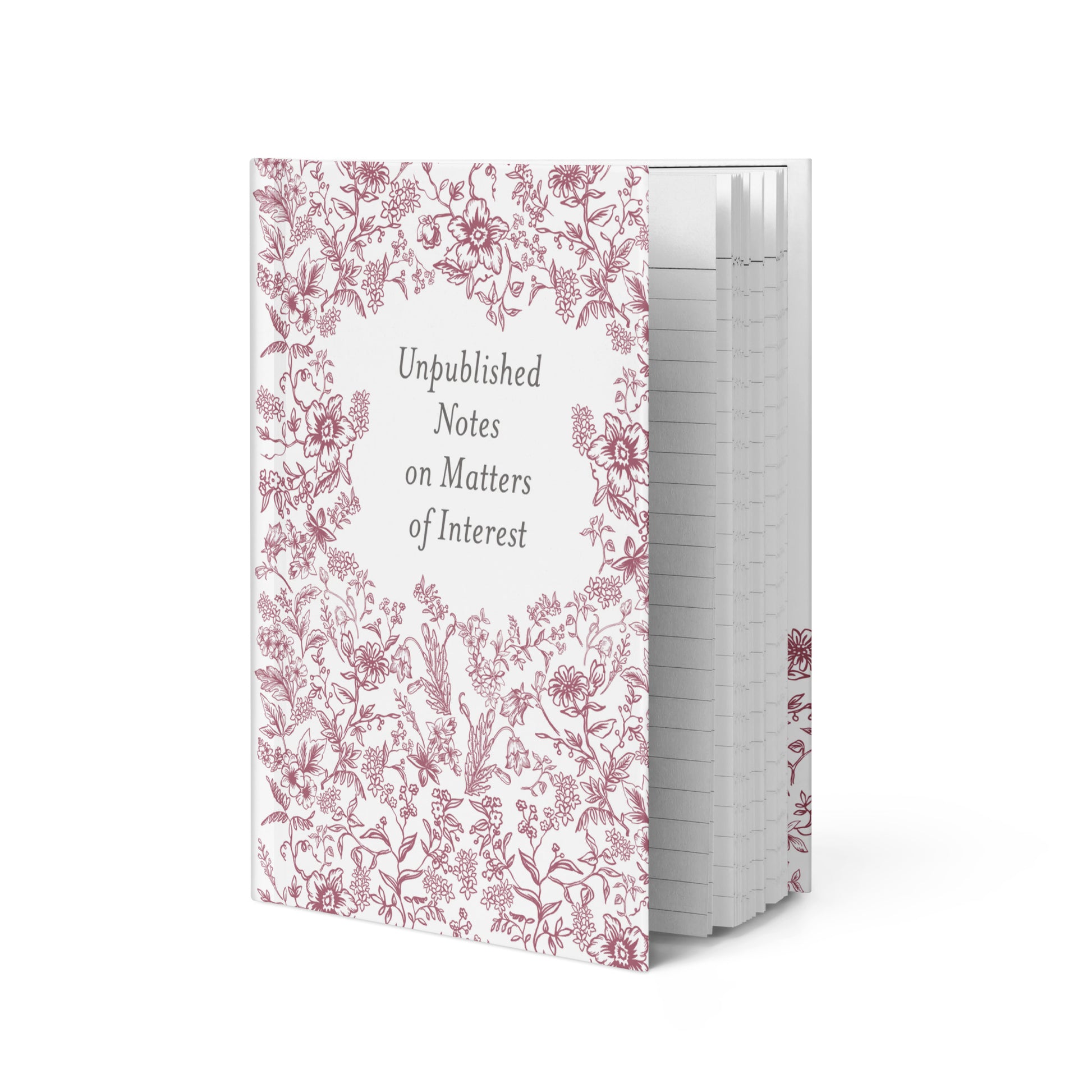 Hardcover journal with burgundy French toile floral pattern and centered title “Unpublished Notes on Matters of Interest”