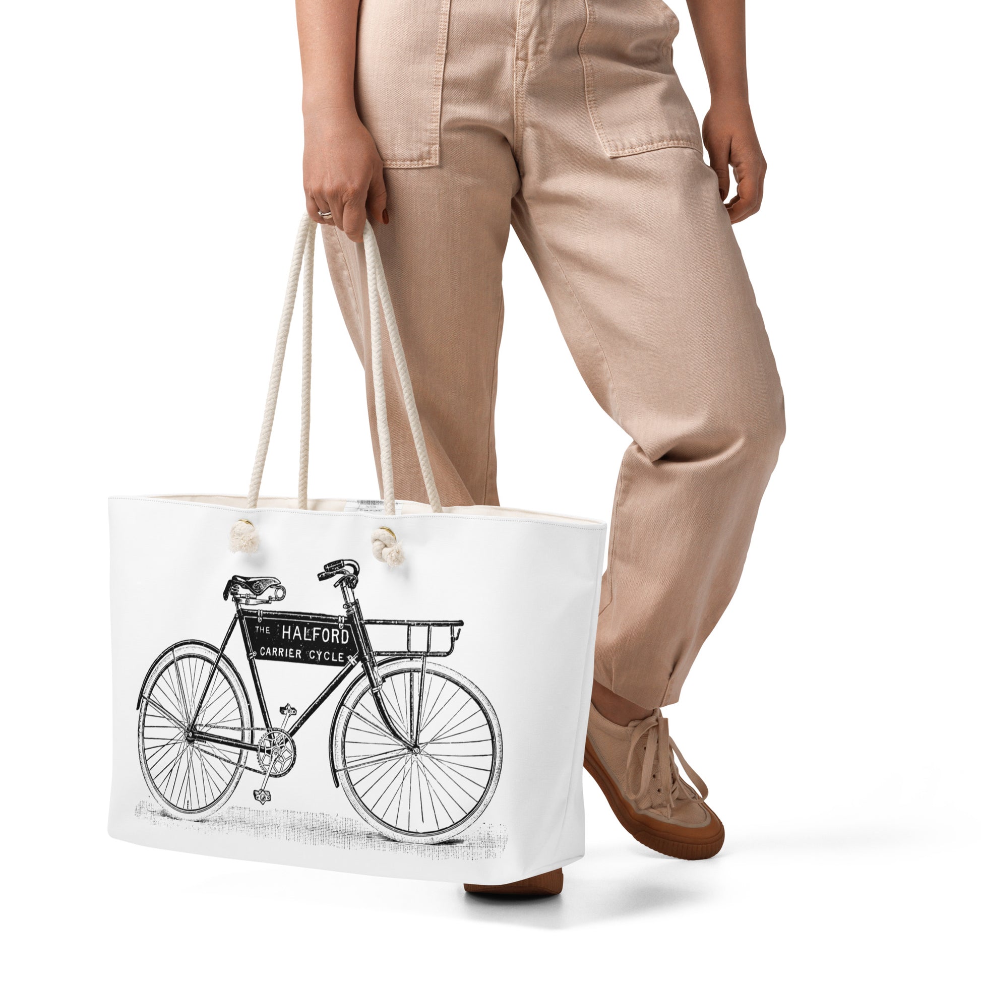 White weekender tote bag with vintage black carrier bicycle illustration and toile print on the bottom