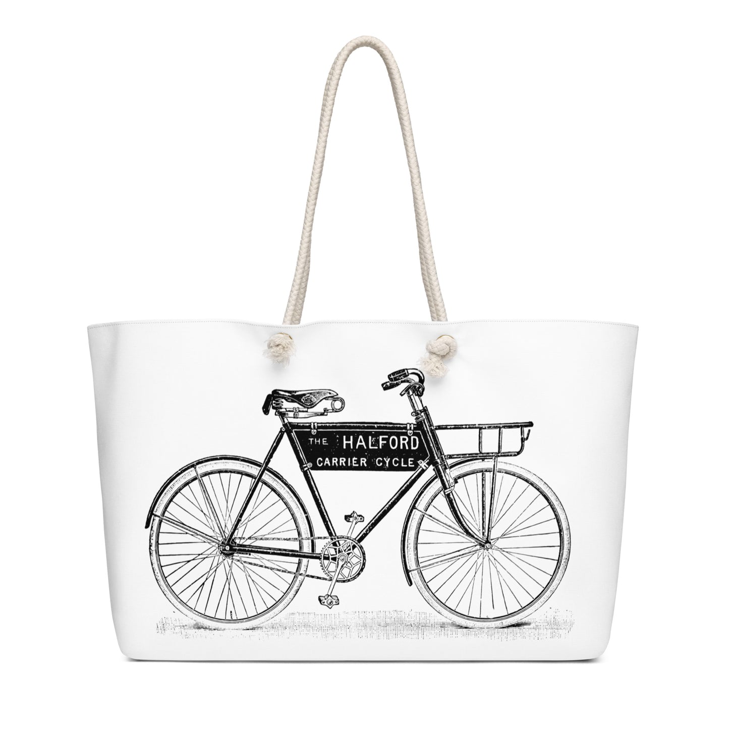 White weekender tote bag with vintage black carrier bicycle illustration and toile print on the bottom