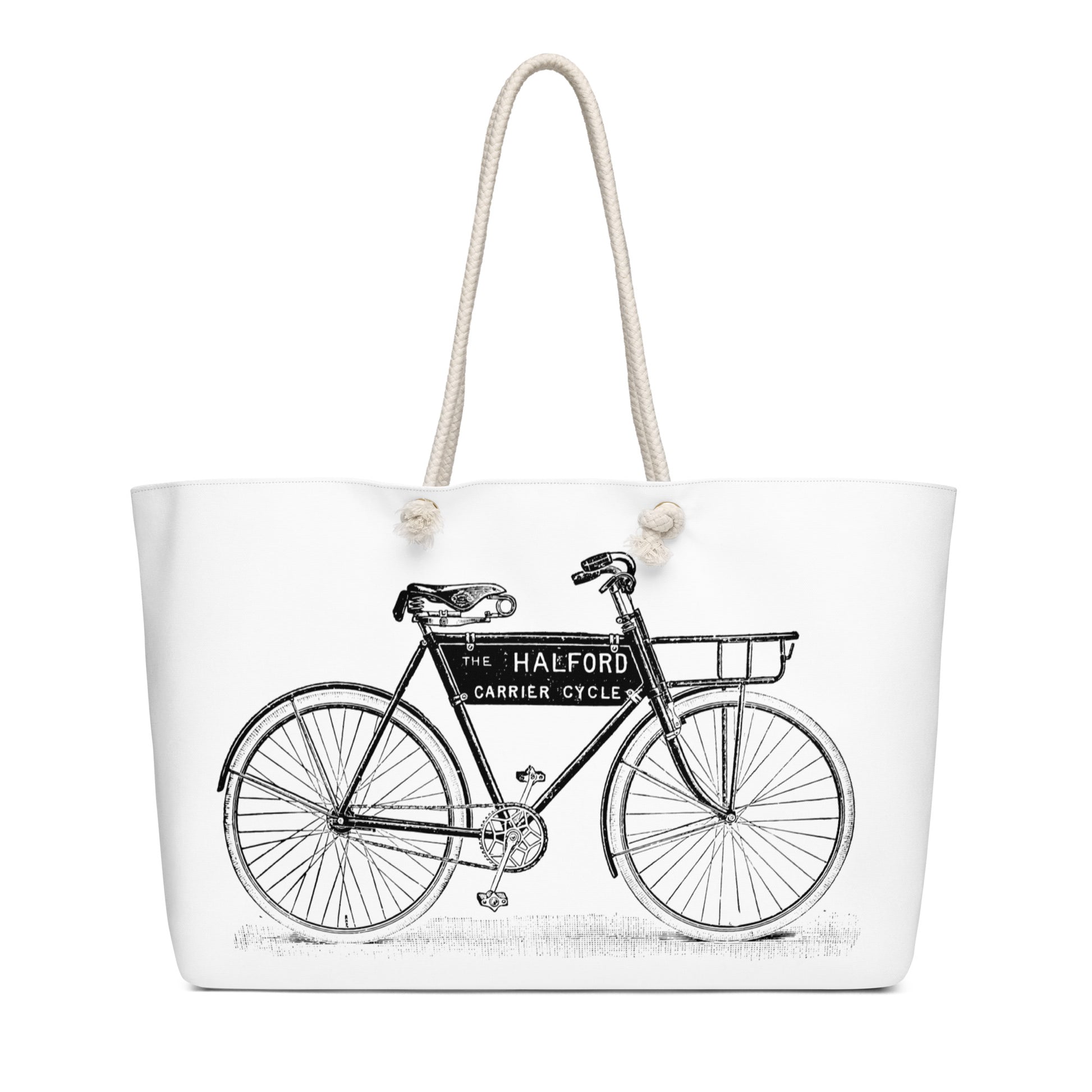 White weekender tote bag with vintage black carrier bicycle illustration and toile print on the bottom