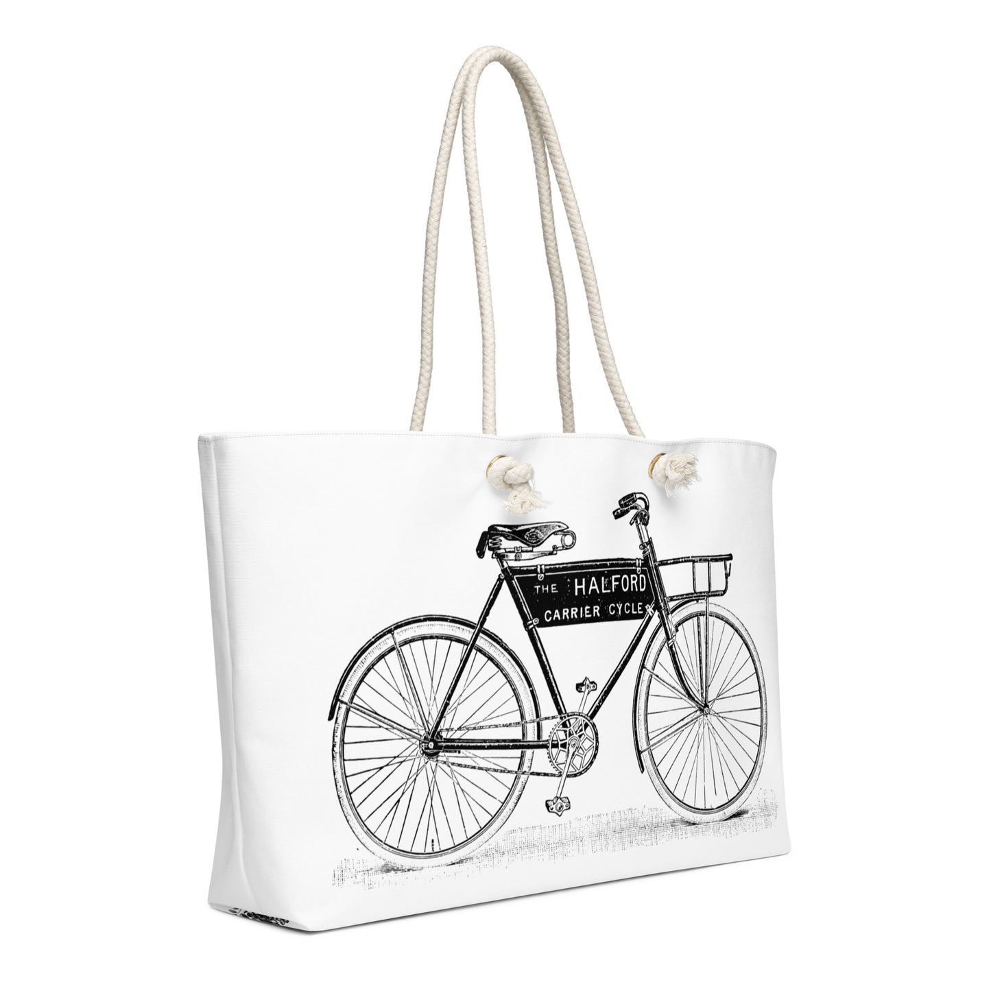 White weekender tote bag with vintage black carrier bicycle illustration and toile print on the bottom