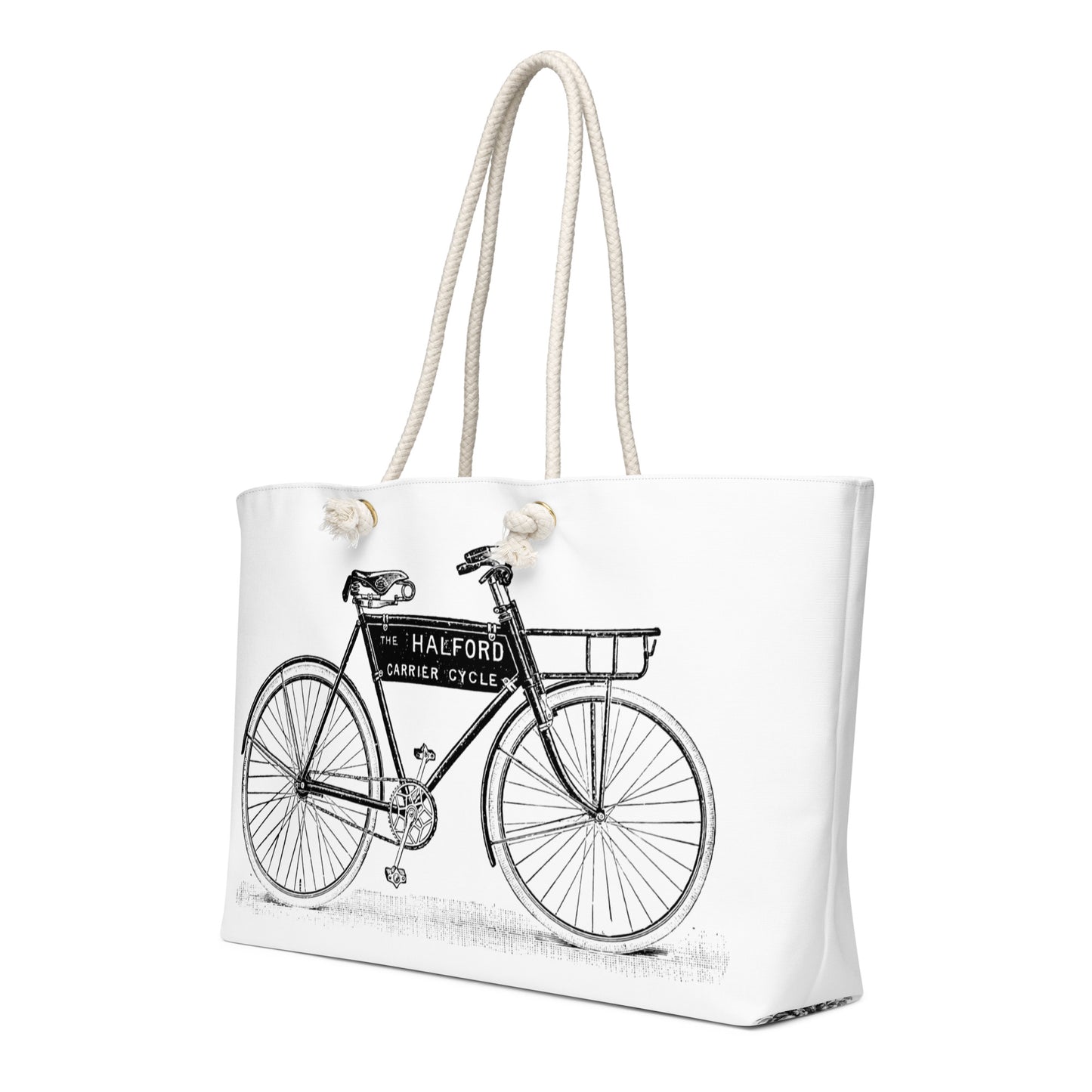White weekender tote bag with vintage black carrier bicycle illustration and toile print on the bottom